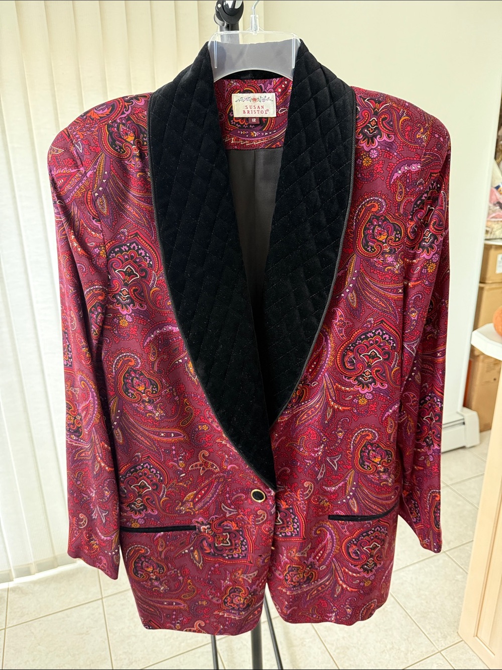 Susan Bristol Burgundy Paisley Blazer with Black Quilted Shawl Collar